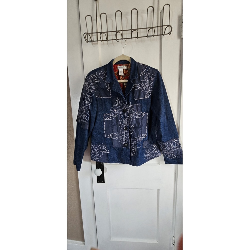 COLD WATER CREEK FLORAL EMBROIDERED PATCHWORK BLUE DENIM JACKET Medium Petite